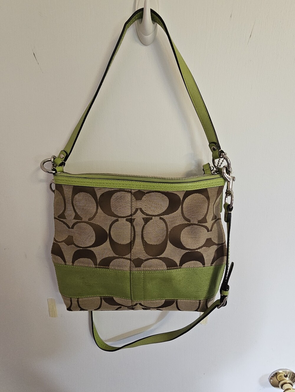 Coach Brown Signature Canvas Shoulder Bag with Green Trim